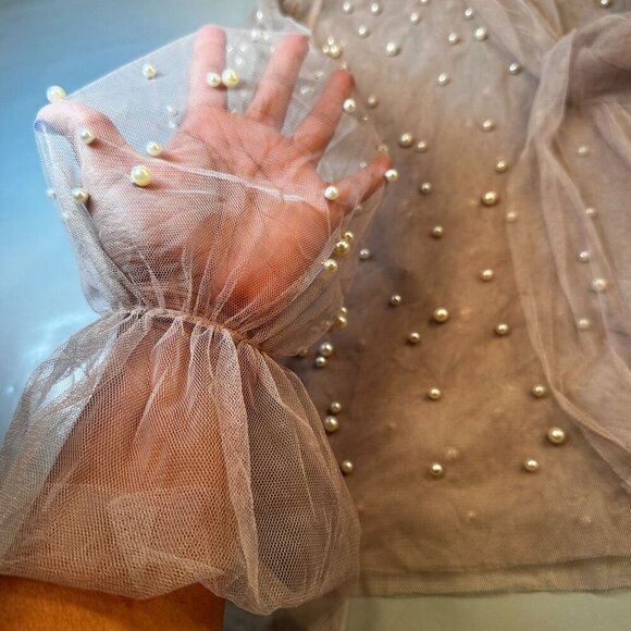 The Moon Pearl Sheer Mesh Blouse Womens Scarf Balloon Long Sleeve High Neck - Picture 8 of 16